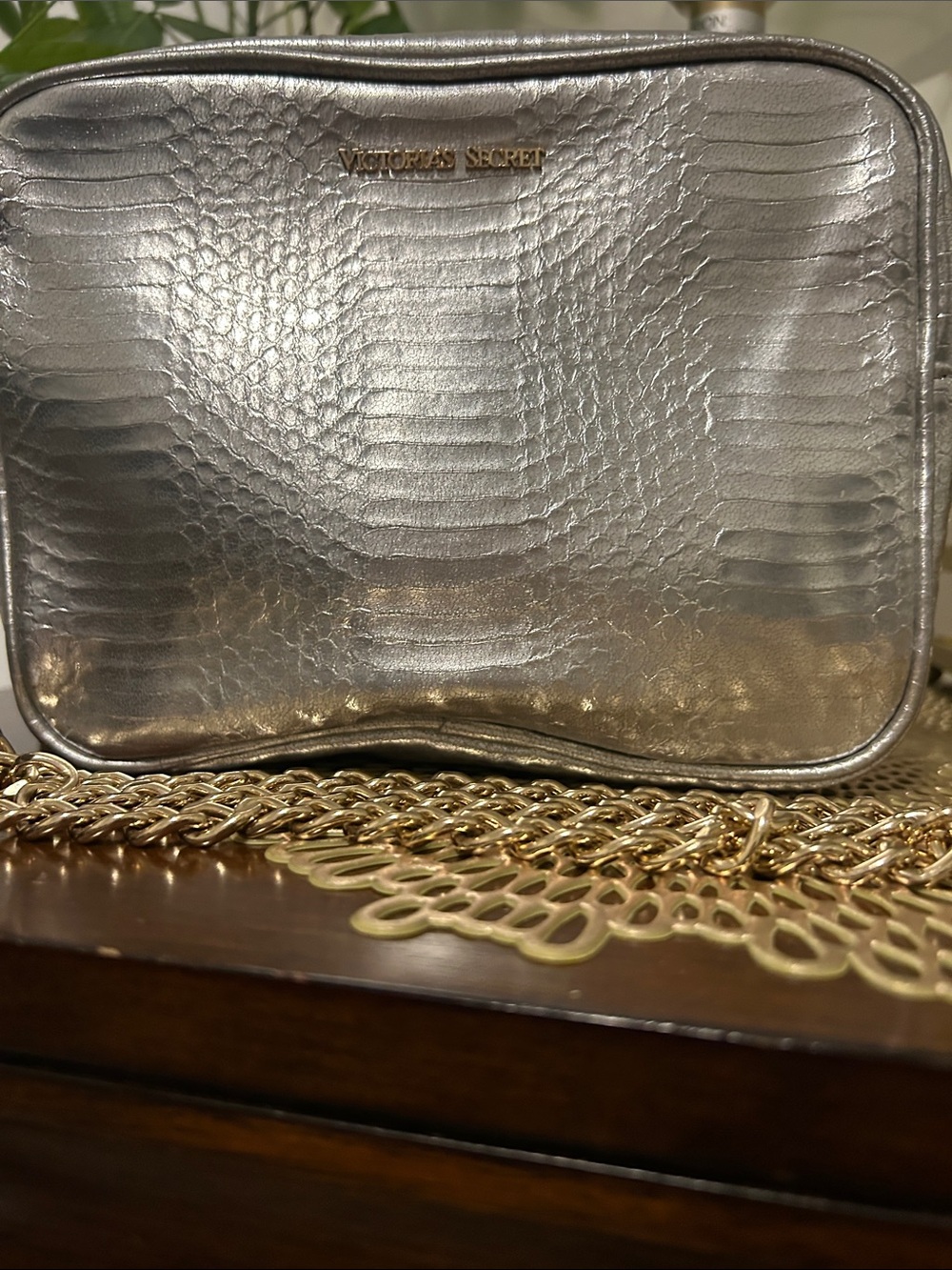Victoria's Secret Silver Metallic Crossbody with Gold Chain